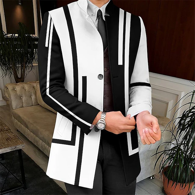 Men's Stripe Geometry Winter Coat Overcoat Coat Warm Comfortable Breathable Business Work Wear to work Going out Pocket Print Fall & Winter Stand Collar Long Sleeve White Yellow Red 7