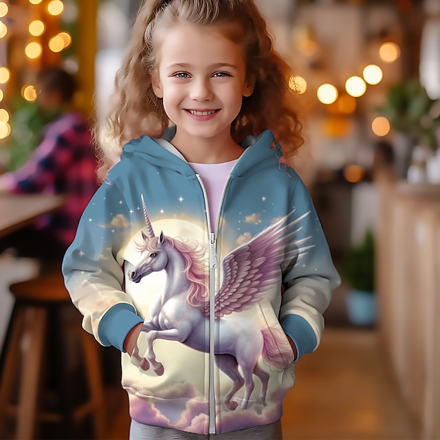  Girls' 3D Unicorn Hoodie Coat Outerwear Long Sleeve 3D Print Fall Winter Active Fashion Cute Polyester Kids 3-12 Years Outdoor Casual Daily Regular Fit