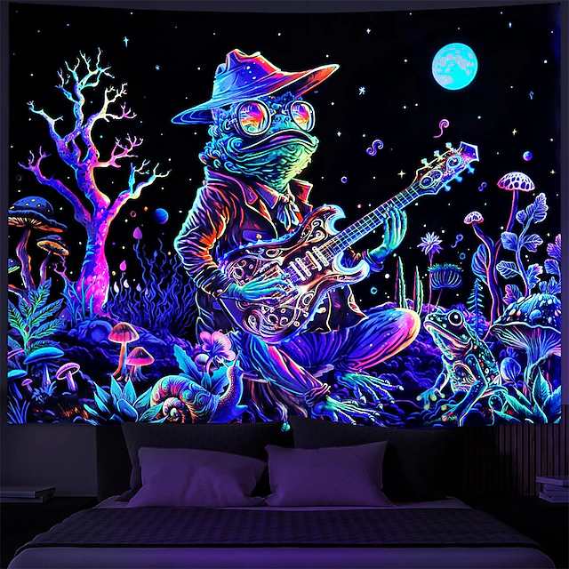Blacklight Tapestry UV Reactive Glow in the Dark Glow Party Neon Trippy Misty Frog Guitar Hanging Tapestry Wall Art Mural for Living Room Bedroom 14