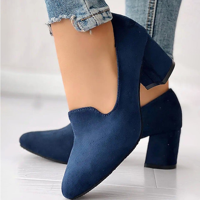  Women's Heels Pumps Slip-Ons Plus Size Wedding Party Office Solid Color Block Heel Round Toe Elegant Vintage Fashion PU Loafer Black Blue