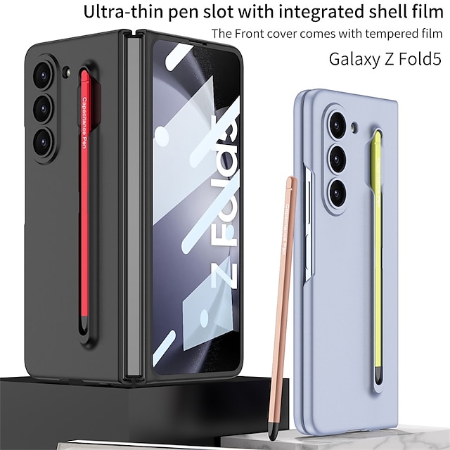  Phone Case For Samsung Galaxy Z Fold 5 Flip Cover Pencil Holder Full Body Protective with S Pen Solid Color PC