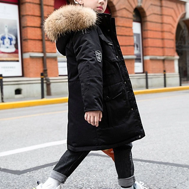 Kids Boys' Down Coat Puffer Jacket Outerwear Kids Puffer Jacket Solid Color Long Sleeve Pocket Buttons Coat Outdoor Cool Daily Black Winter 7-13 Years 6