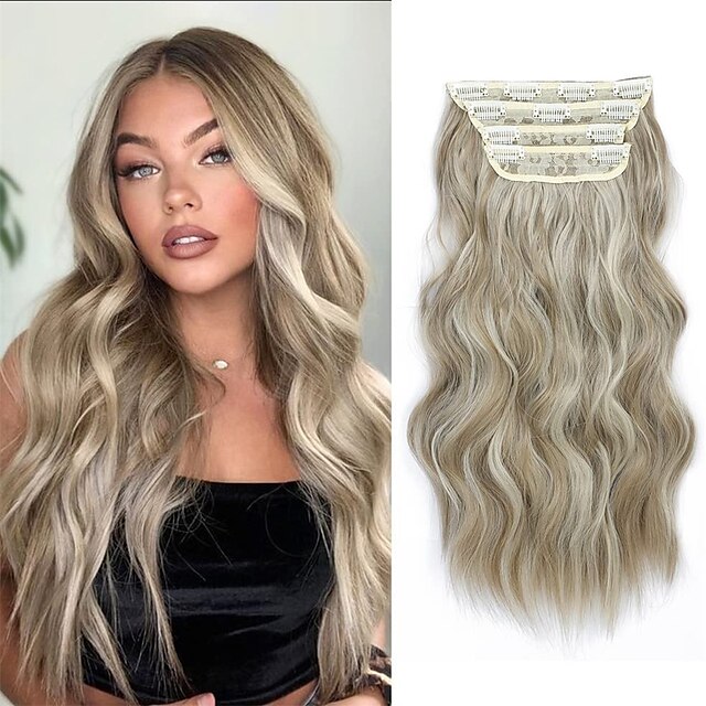 Clip in Hair Extensions Long Wavy Curly Ash Blonde to Platinum Blonde ...