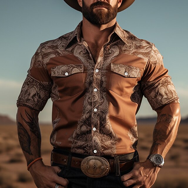 Men's Paisley Shirt Western Shirt Cowboy Shirt Long Sleeve Vintage Casual Western Style Outdoor Street Casual Daily Fall & Winter Turndown Buttons Print Brown2