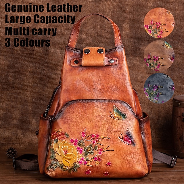  crossbody väska för kvinnor axelväska bröstväska äkta läder snidade blomma fjärilsryggsäck flera bärmetoder