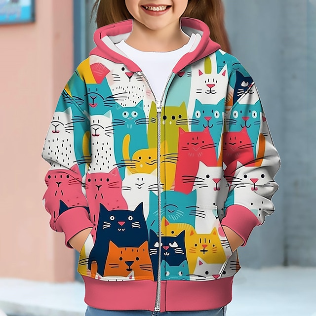  Voor meisjes 3D Kat Trui met capuchon Jas Overkleding Lange mouw 3D-afdrukken Herfst Winter Actief Modieus leuke Style Polyester Kinderen 3-12 jaar Buiten Casual Dagelijks Normale pasvorm