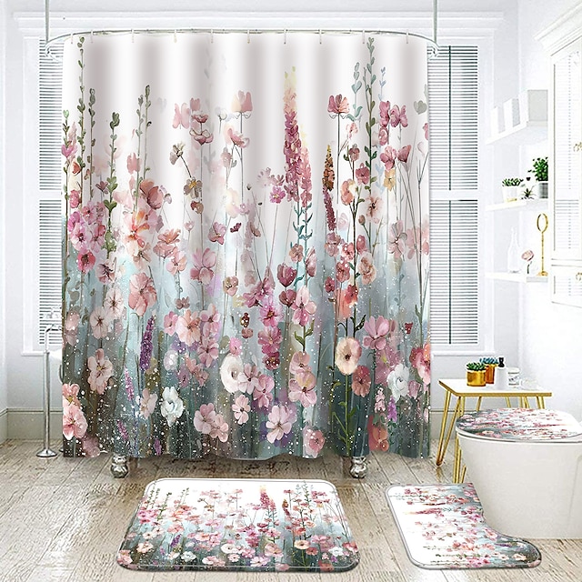  kolorowe kwiaty zasłona prysznicowa do łazienki różowe kwiatowe romantyczne rośliny dzikie kwiaty dekoracje w scenerii przyrody zasłona z haczykami, mata łazienkowa (3 szt. maty do kąpieli nie obejmują zasłony)