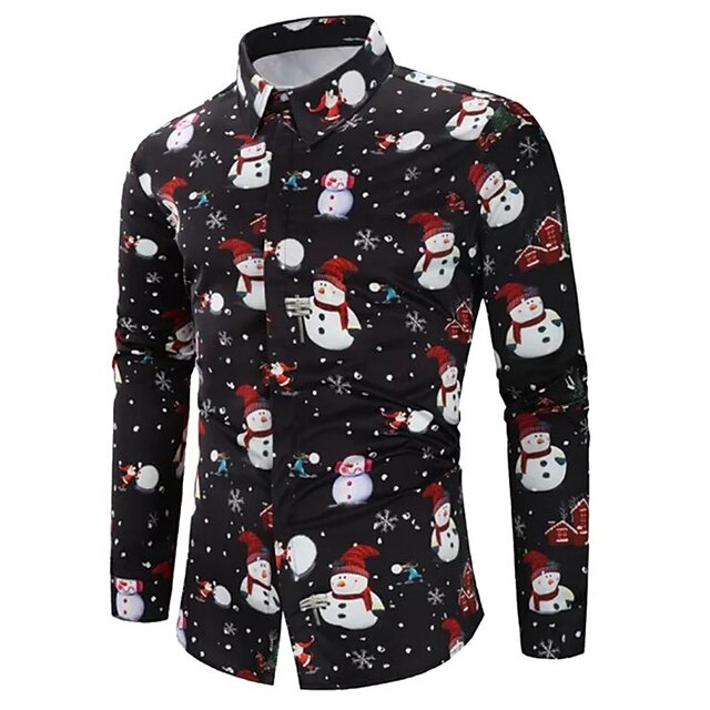 Christmas Men's Christmas Scene Printed Shirts Shirts Snowman Casual Outdoor Street Fall & Winter Turndown Long Sleeve Black S M L2