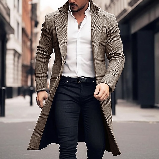  Men's Winter Coat Wool Coat Overcoat Office & Career Daily Wear Winter Polyester Thermal Warm Washable Outerwear Clothing Apparel Fashion Warm Ups Plain Pocket Lapel Single Breasted