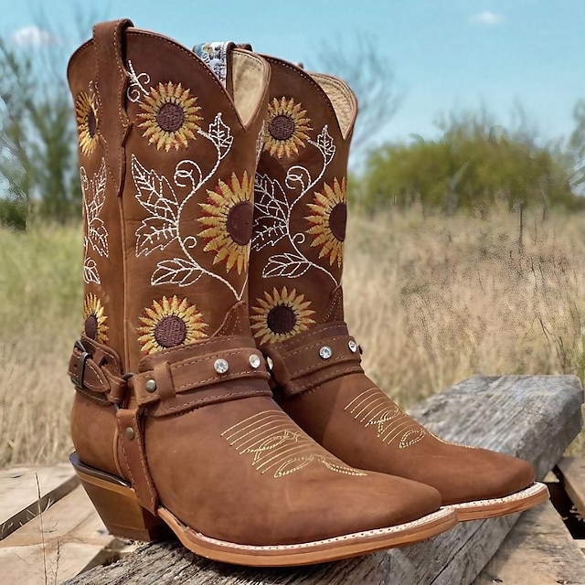  Pentru femei Cizme Cizme Western Cowboy Mărime Plus Size Cizme de cowgirl În aer liber Zilnic Floral Cizme la mijlocul gambei Iarnă Cataramă Broderie Blocați călcâiul Toc Îndesat Vârf pătrat Epoc