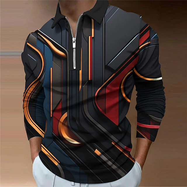 Men's Graphic Zip Polo Shirts Golf Shirt Long Sleeve Polo Shirts Collared Shirts Casual Vacation Wear Rave Wear Party Outfits 3D Print Quarter Zip Polo Fall & Winter Red Green3