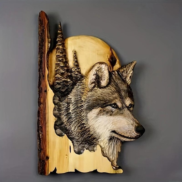  1 pezzo di scultura di animali intagliati a mano, scultura da appendere a parete, decorazione dipinta a mano in legno di procione orso cervo, per il soggiorno di casa