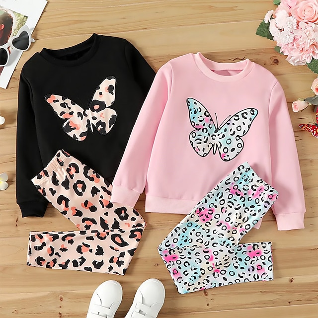  Girls' 3D Leopard Butterfly Sweatshirt & legging Set Pink Long Sleeve 3D Print Fall Winter Active Fashion Daily Polyester Kids 3-12 Years Crew Neck Outdoor Date Vacation Regular Fit