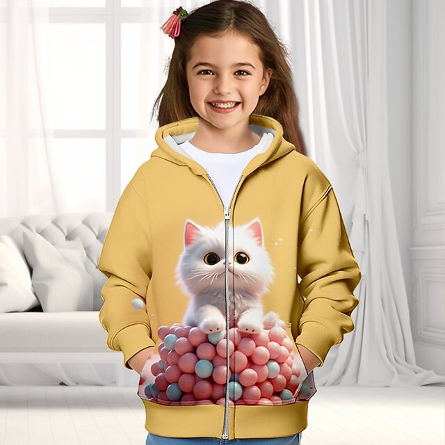 Girls' 3D Cat Letter Pajama Set Long Sleeve 3D Print Fall Winter Active Fashion Cute