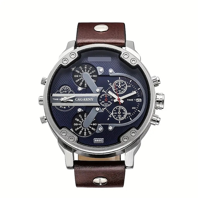  Men's Watch Fashion Casual Large Dial Dual Time Zone Belt Men's Wrist Watch