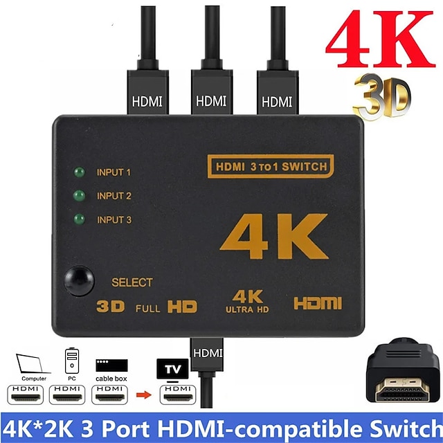  Divisor de cabo hdmi 4k 2k 3x1 hd 1080p adaptador de comutador de vídeo 3 entrada 1 porta de saída hub hdmi para xbox ps4 dvd hdtv pc laptop tv