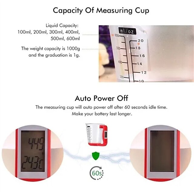 LCD Screen Digital Kitchen Food Scale&Measuring Cup 100-600ml 1000g Jug  Scales