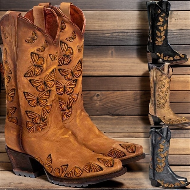  Dame Støvler Cowboy Western støvler Plus størrelse Arbejdsstøvler udendørs Arbejde Daglig Helfarve Broderi Fleecelinet Mid Calf Støvler Vinter Rosette Konisk hæl Kraftige Hæle Spidstå Elegant Mode