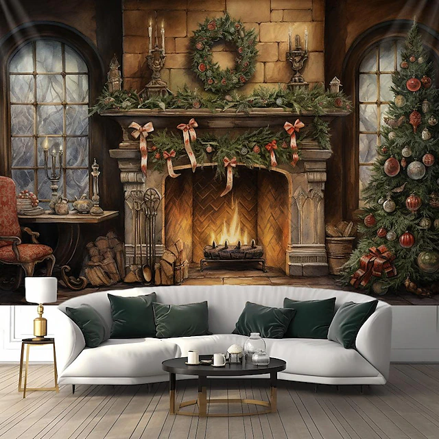 Christmas Decorations Christmas Tree Hanging Tapestry Wall Art Xmas Large Tapestry Mural Decor Photograph Backdrop Blanket Curtain Home Bedroom Living Room Decoration Fireplace 11