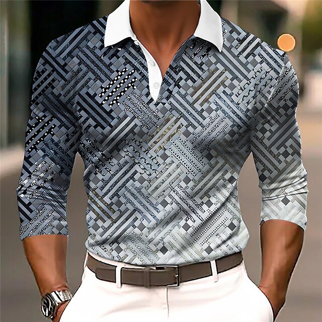 Men's Geometric Polo Shirts Golf Shirt Long Sleeve Polo Shirts Collared Shirts Business Casual WorkWear Formal Wear Festival Wear 3D Print Buttons Fall & Winter Yellow Blue3
