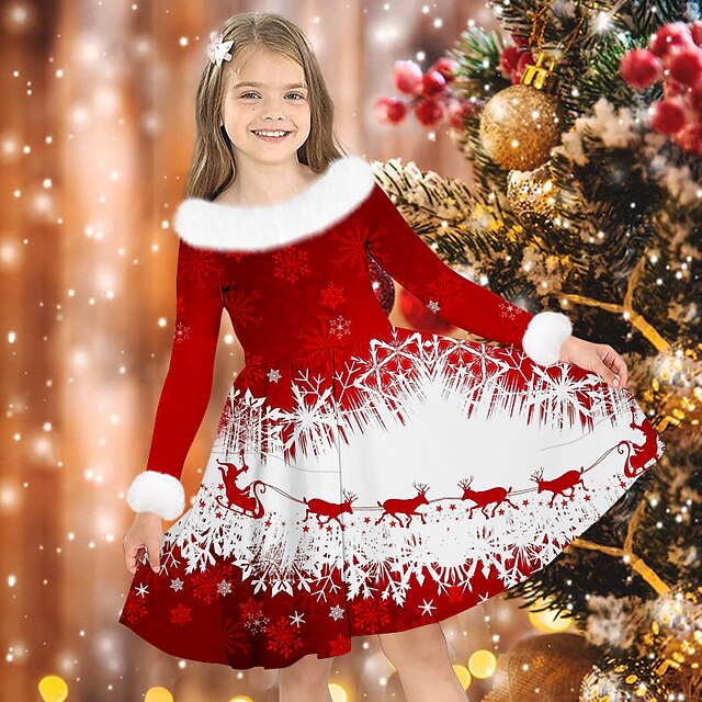 Christmas Girls' 3D Elk Snowflake Christmas Dress Dress Snowflake Dress Long Sleeve 3D Print Fall Winter Sports & Outdoor Daily Holiday Cute Casual Beautiful Kids 3-12 Years Casual Dress Swing Dress 7