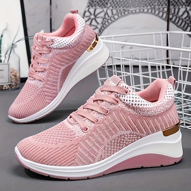  Women's Sneakers Plus Size Platform Sneakers Outdoor Solid Color Summer Flat Heel Round Toe Fashion Sporty Casual Walking PU Lace-up Black Pink Gray