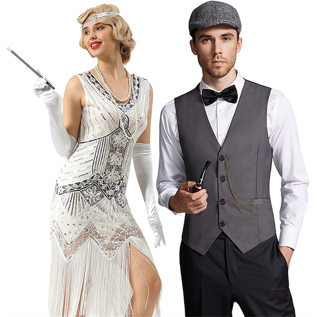  Retro Vintage Roaring 20s 1920s Flapper Dress Outfits Waistcoat Couples Costumes The Great Gatsby Gentleman Men's Women's Sequins Tassel Fringe New Year Party Prom Costume