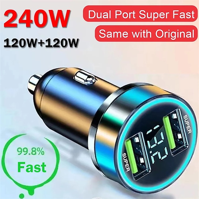  240W Car Charger Dual USB Ports Super Fast Charging with Digital Display Quick Charging Adapter for IPhone Samsung Xiaomi