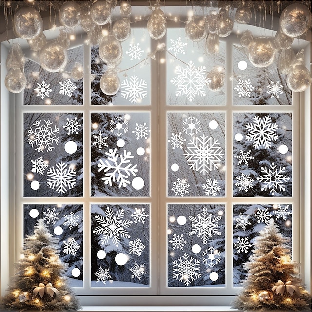 6sheets/set, 114pcs Snowflake Window Stickers, Christmas Decorations, Winter Door Background Decoration, White Snowflake Electrostatic Glass Stickers