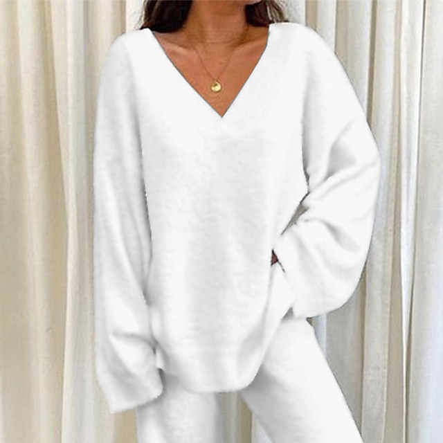  Conjuntos de salão de lã feminino 2 peças cor sólida fofo fuzzy quente pijama com decote em v manga longa para outono inverno branco s 3xl