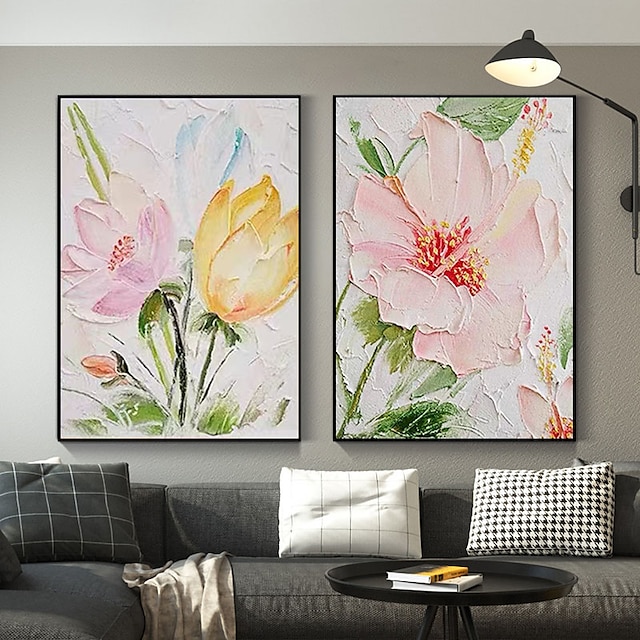  2 Sets abstrakte rosa blühende Pfingstrosen-Blume, handgemaltes Ölgemälde auf Leinwand, Wandkunst, Wohnzimmer-Wanddekoration, moderne gerollte Leinwand (kein Rahmen)