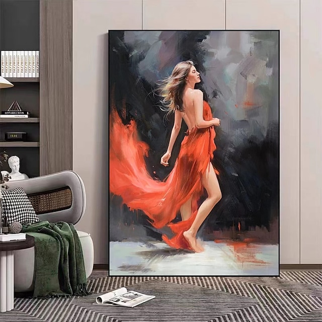 Hand Painted Oil Painting Sexy Dancing Girl Painting Modern Figure Wall Painting Impression Red Picture On Canvas Art Modern Rolled Canvas (No Frame)