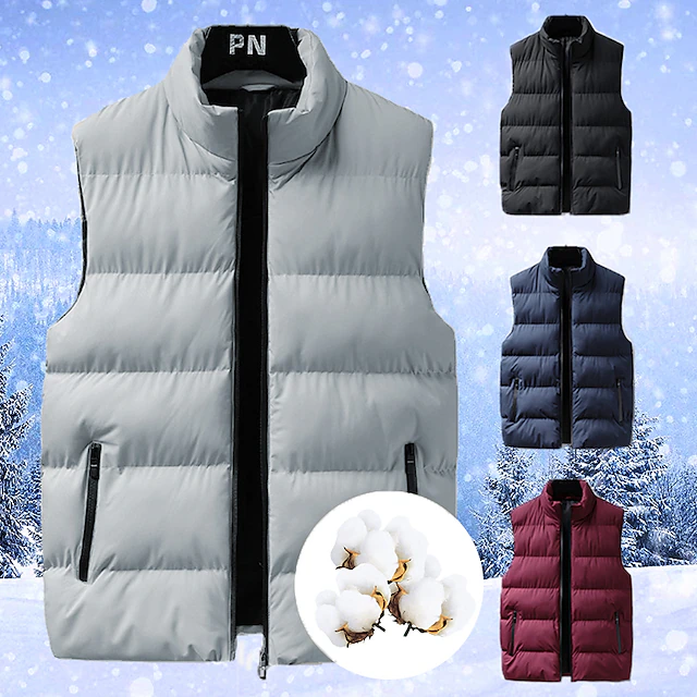 Men's Winter Coat Winter Jacket Puffer Vest Gilet Quilted Vest Cardigan Casual Camping & Hiking Winter Pocket Polyester Windproof Warm Casual Solid / Plain Color Standing Collar Black Red Blue Gray 13