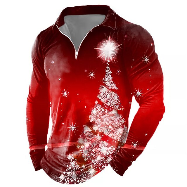 Christmas Men's Casual Print 3D Zip Polo Golf Polo Outdoor Casual Daily Streetwear Polyester Long Sleeve Turndown Zip Polo Shirts Black Wine Fall & Winter S M L Micro-elastic Lapel Polo3