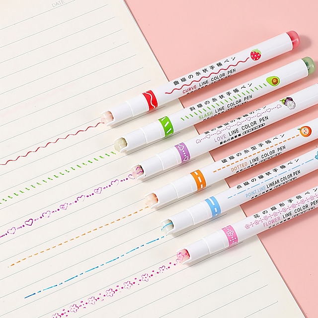  3/6 stk fargerikt søtt mønster blonder hurtigtørkende highlighter lineære penner for merking av dekorasjonsmateriale håndlaget håndverk