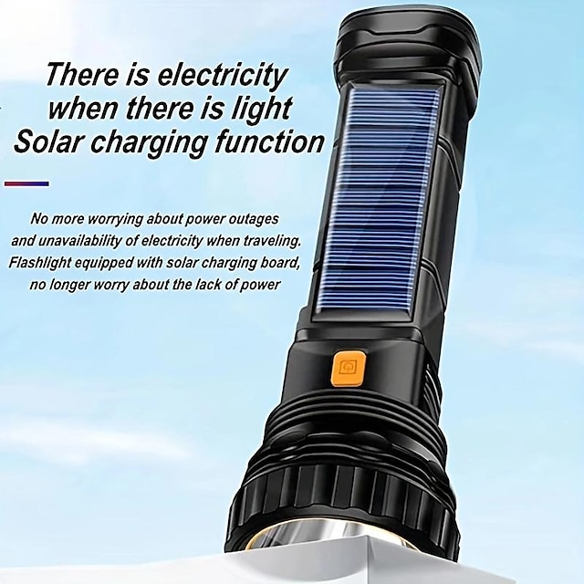  1 lampe de poche solaire rechargeable avec 1 000 lumens, lumière stroboscopique d'urgence, batterie 1 200 mAh, câble de chargement USB et alimentation – parfaite pour les aventures en plein air et les