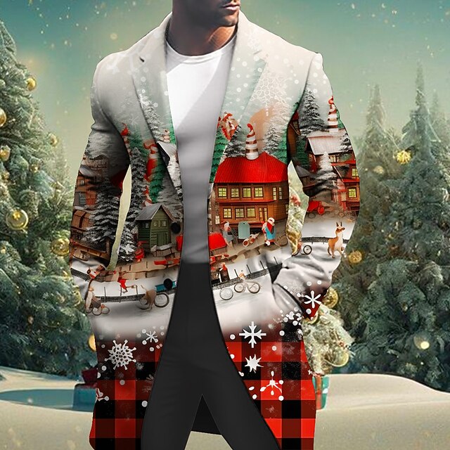 Men's Christmas Tree Winter Coat Overcoat Coat Warm Comfortable Breathable Business Casual Christmas Work Wear to work Pocket Buttons Print Fall & Winter Turndown Long Sleeve Black Red Blue4