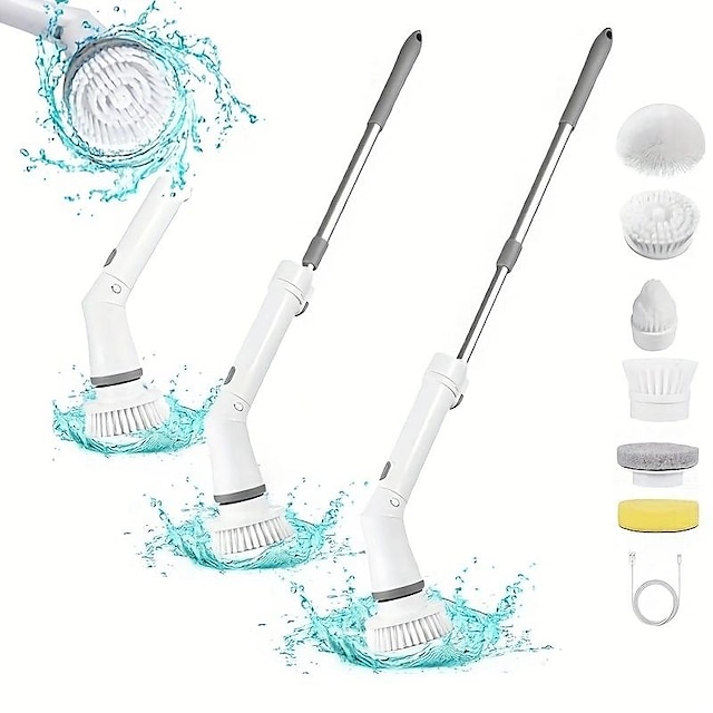  Electric Rotary Scrubber Cleaning Brush, Long Handle Shower Scrubber, Bathtub Tile Scrubber With 6 Replaceable Brush Heads, 90-120 Minute Running Time Full Floor Bathroom Scrubber
