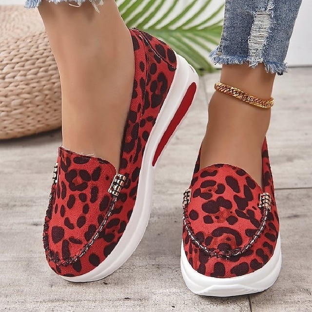  Women's Sneakers Slip-Ons Plus Size Platform Sneakers Slip-on Sneakers Outdoor Daily Leopard Summer Platform Flat Heel Round Toe Casual Comfort Minimalism Suede Loafer Leopard Red