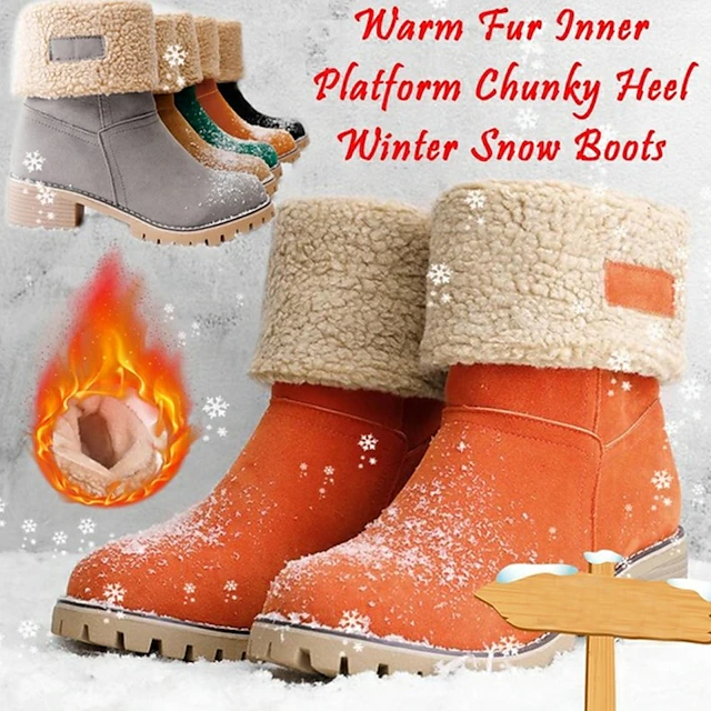 Women's Faux Suede Ankle Boots with Fleece Lining and Fold-Over Cuff, Block Heel Winter Boots Available in Multiple Colors 12