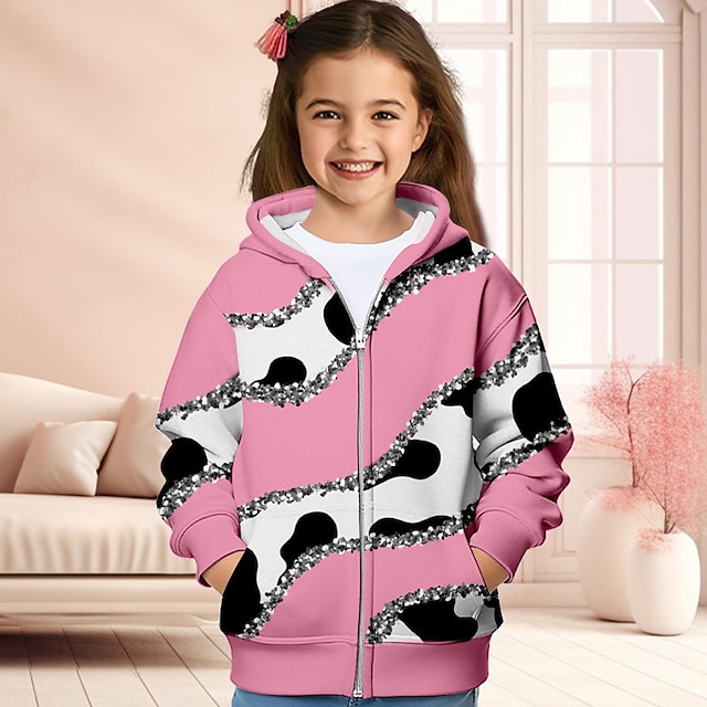  Dívčí 3D Leopard Vícebarevný Kapuce Kabát Svrchní oblečení Růžová Dlouhý rukáv 3D tisk Podzim Zima Aktivní Módní Roztomilý Polyester Děti 3-12 let Venkovní Ležérní Denní Běžný