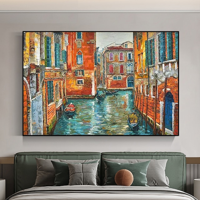  Hand painted Classical Impression City Boat Landscape Oil Painting on Canvas City view Picture Home Decor Wall Art Rolled Canvas (No Frame)