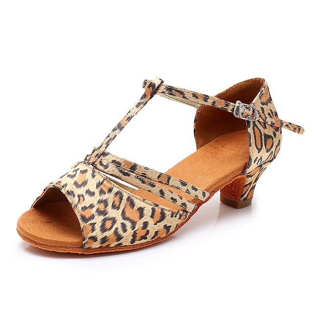  Women's Latin Shoes Performance Training Practice Satin Basic Sandal Heel Buckle Solid Color Thick Heel T-Strap Ankle Strap Leopard Dark Brown Black