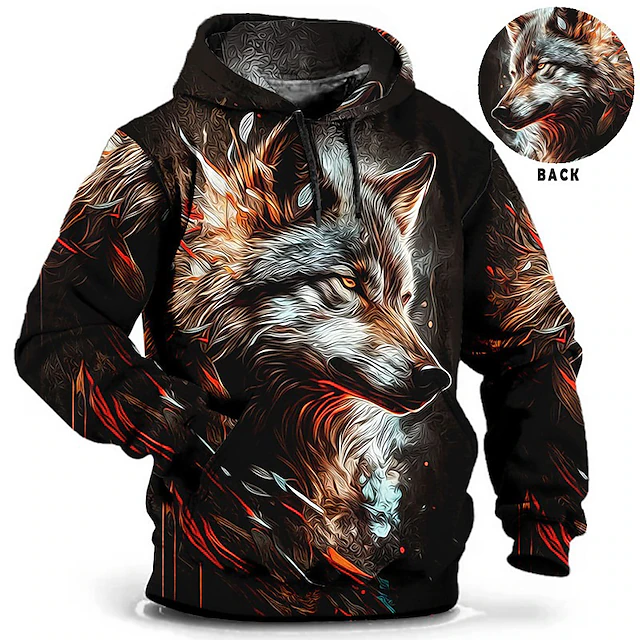 Men's Animal Wolf Graphic Prints Hoodie Hoodies Sweatshirt Daily Classic Long Sleeve Hooded Holiday Going out Streetwear Red Blue Print Spring & Fall Designer 5