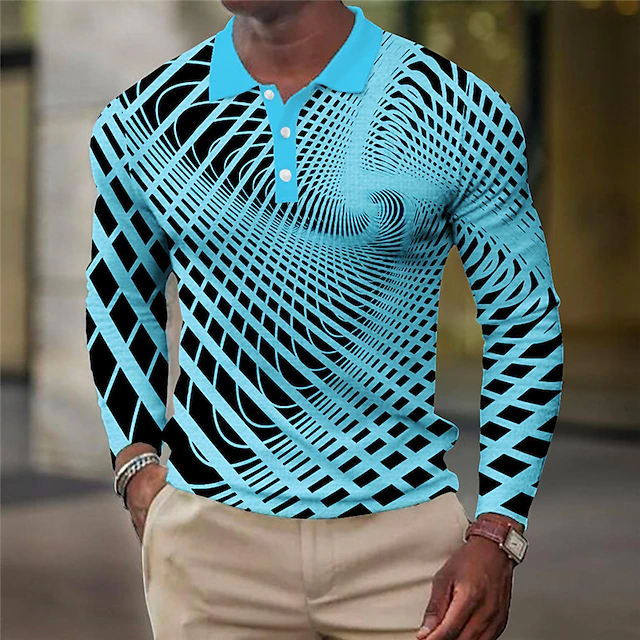 Men's Geometric Waffle Polo Shirts Golf Shirt Long Sleeve Polo Shirts Collared Shirts Business Casual Vacation Wear Formal Wear Festival Wear Buttons 3D Print Fall & Winter White Yellow Blue 6