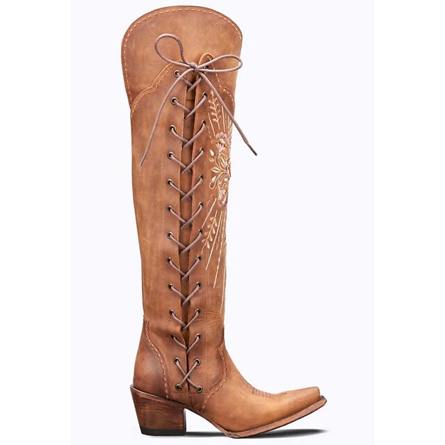 Women's Brown Embroidered LaceUp OvertheKnee Cowboy Boots, Western