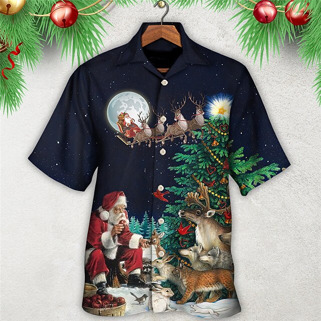 Christmas Men's Santa Claus Printed Shirts Santa Claus Tree Casual Outdoor Street Fall Turndown Short Sleeve Dark Navy S M L Shirt3