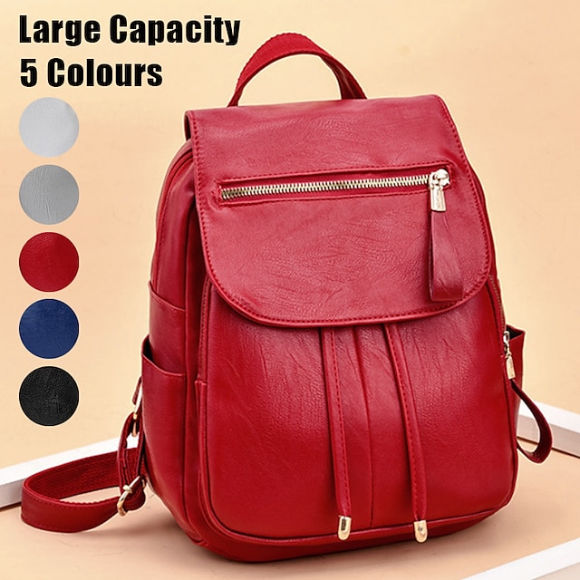  Women's Backpack School Bag Bookbag Mini Backpack Commuter Backpack School Outdoor Daily Solid Color PU Leather Large Capacity Waterproof Lightweight Zipper Black White Red