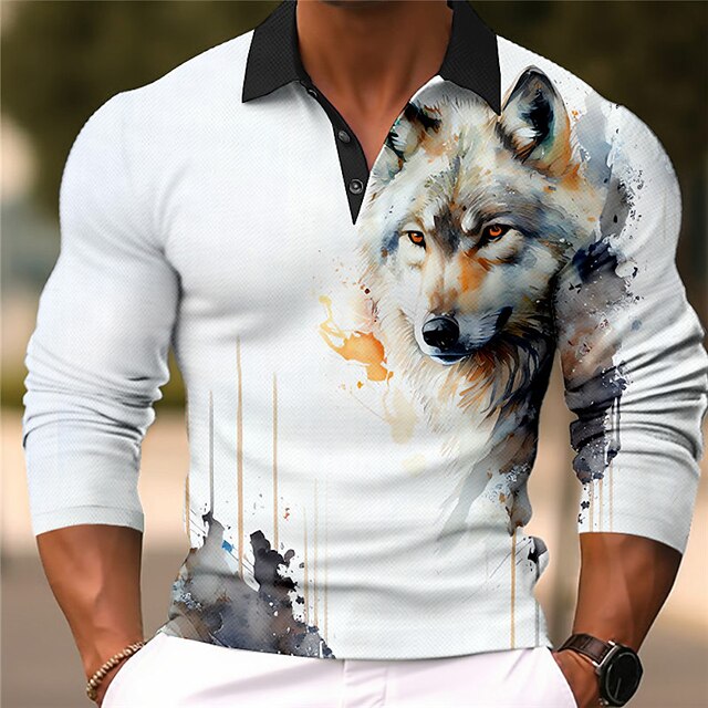 Men's Wolf Polo Shirts Golf Shirt Long Sleeve Polo Shirts Collared Shirts Casual Funny Vacation Wear Party Outfits 3D Print Buttons Fall & Winter Yellow Gray3