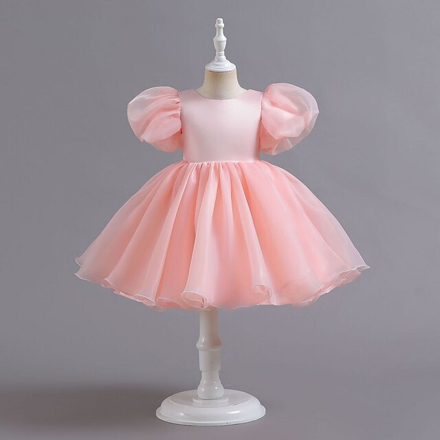  Tout-petit Fille Robe de Soirée Couleur Unie Manche Courte Performance Manche Gigot Mignon Princesse Polyester Mi-long Été Printemps 3-7 Ans Noir Blanche Rose Claire